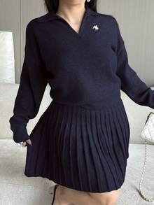 Vibekara Autumn/Winter New Plus Size Women Knitted Casual Solid Color Embroidery Lapel Simple Long Sleeve Sweater Top & Skirt Suit, Versatile 2 Piece Skirt Sets Woman Navy Blue Outfit Women Pleated Skirt Set Tennis Skirt Set Plus Sweater Sets For Women - Royal Blue - View 4