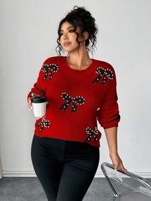 Elenzga Plus Size Women Elegant Long Sleeve Loose Beaded Bow Knit Sweater, Suitable For Outings, Vacations, And Clubs, Autumn/Winter - Red - View 5