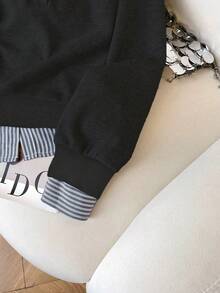 Airaco Women's Casual Striped Patchwork Sweatshirt, Autumn/Winter - Black - View 3