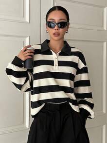 DAZY 女士条纹落肩长袖 Polo 领休闲宽松套头卫衣