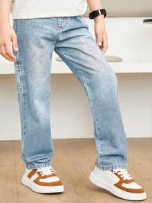 青少年男孩水洗直筒牛仔褲，傾斜口袋設計