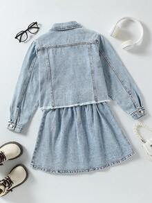 Sparklyn 少女Y2K风格牛仔两件套，秋冬新品，学院风，外套+百褶裙套装，休闲街头风，长袖做旧牛仔外套+牛仔百褶迷你裙，中蓝色复古水洗牛仔布，宽松时尚百搭套装，牛仔新品套装