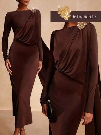 Vesra 女士金属装饰棕色针织拉绒圆领褶皱单肩长袖连衣裙，优雅奢华派对装扮