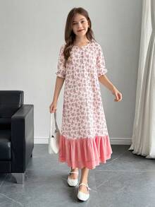 SHEIN Tween Girl Cute Pink Floral Pattern Round Neck Puff Sleeve Loose Casual Nightgown, Family Vacation Leisure Short Sleeve Floral Print Dress, Ramadan Dress, Eid Dress, Abaya, Jalabiya, Lace - Pink - View 5