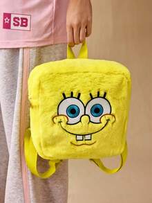 SpongeBob SquarePants | SHEIN 1 Mochila de peluche con bordado de dibujos animados, correa ajustable, bolsa de fitness, bolsa casual, mochila de lona, bolsa escolar, bolsa de viaje, para niñas, para niños, para adolescentes, para mujeres, para hombres, ideas de regalo - Amarillo - Ver 4