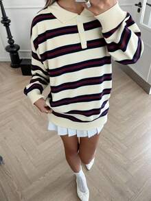 Livesso Damen Herbst Retro gestreifter Rollkragenpullover - marineblau - Übersicht 5