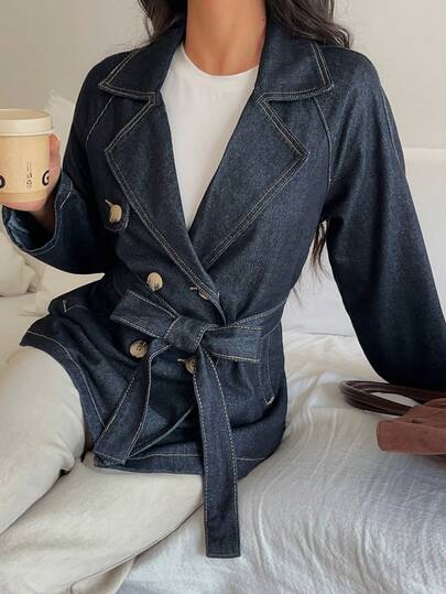 Siren Gaze French-Style Elegant Denim Jacket With A Vintage Trench Coat And Bow Belt Autumn And Winter Coat