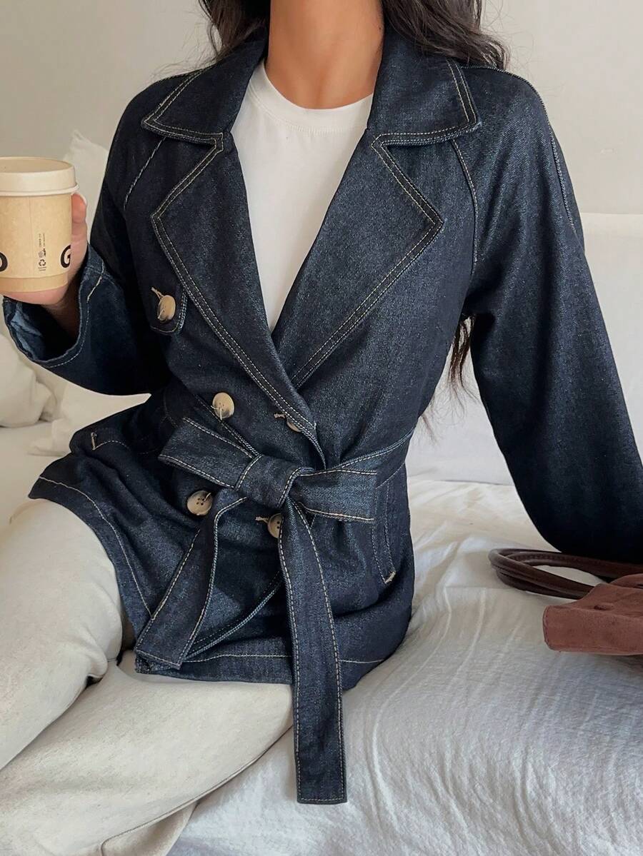 Siren Gaze French-Style Elegant Denim Jacket With A Vintage Trench Coat And Bow Belt Autumn And Winter Coat - Dark Wash - View 1