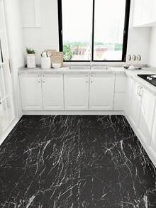 1卷40厘米宽自粘防水防滑大理石纹地板贴纸，DIY翻新地板贴，石纹质感，家居装饰，适用于室内地板，贴纸，墙贴，乙烯基贴纸，家居装饰，春季装饰品，焕新家居，Rama装饰贴纸礼物，生日毕业地板砖，自粘地板砖，剥离式粘贴，客厅装饰，房间装饰，厨房装饰 - 黑與白 - 查看 3