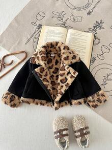 SHEIN 3Months-3Years Baby Girl Coat ,1pc Casual And Street Daily Style Coat Fall Outfits For Girl,Long Sleeves Warmer Cheetah Print Fabric Fleece Jacket - Black - View 8