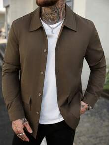 Manfinity Homme Herr enfärgad långärmad sjal med knappar framtill, vintagestil - Kaffebrun - Visa 5