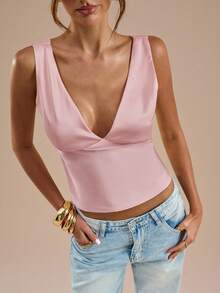 SHEIN BAE Elegant Dusty Pink Satin & Lace Patchwork Tank Top For Summmer, Women's Party Beach Vacation Music Festival Brunch Wedding Guest Bridesmaid Valentine - Dusty Pink - View 7
