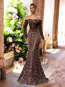 Glamrae 优雅奢华串珠亮片花卉拼布弹力针织美人鱼裙，带袖，适合婚礼、派对、度假、庆典、晚礼服 - 咖啡棕 - 查看 6