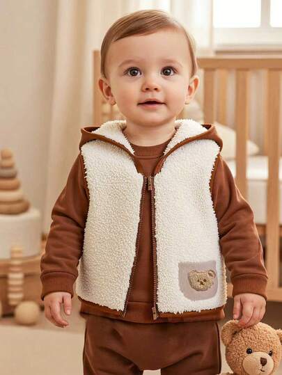Playful Pals 1pc Baby Boys Hooded Furry Bear Vest Casual Jacket, Vintage Style Brown/Beige Thermal Lined Zip-Up Waistcoat With Pockets, Suitable For Autumn/Winter Outfits