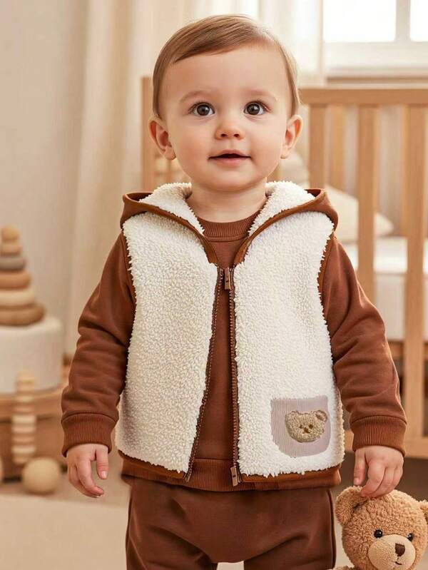 SHEIN 1pc Baby Boys Hooded Furry Bear Vest Casual Jacket, Vintage Style Brown/Beige Thermal Lined Zip-Up Waistcoat With Pockets, Suitable For Autumn/Winter Outfits