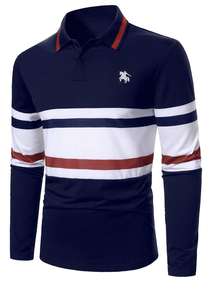 Manfinity Mode Men's Fashion British Style Top, Casual Polo Shirt Polo Shirt For Men - Navy Blue - View 1