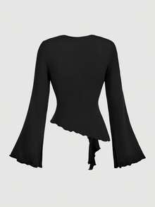 SHEIN MOD 女士休闲纯色V领长袖T恤，秋冬款，休闲女装，棕黑色上衣，复古风，70年代风格，派对上衣，复古裹身款，优雅上衣 - 彩色 - 查看 6