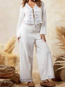 Boho Mama Two-Piece Nursing Set With Drawstring Top And Pants, Printed, Stylish Everyday Beach White Casual Set, Women's Pure Cotton Linen Two-Piece Set, Maternity Two-Piece Set, Casual Set, Maternity Two-Piece Set. - White - View 10