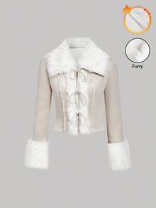 SHEIN MOD Áo khoác mùa thu đông màu be cổ điển sang trọng, phối lông thú, lót giữ nhiệt, có nơ, cổ ve áo, tay dài, thích hợp cho hẹn hò, tiệc tùng, sinh nhật, dạ hội. Áo khoác lông ngắn cho nữ, áo khoác nữ, áo khoác phù hợp cho váy, đi học, phong cách Y2K, Grunge, Hippie, ấm áp cho mùa thu và mùa đông. - Màu be - Xem 1