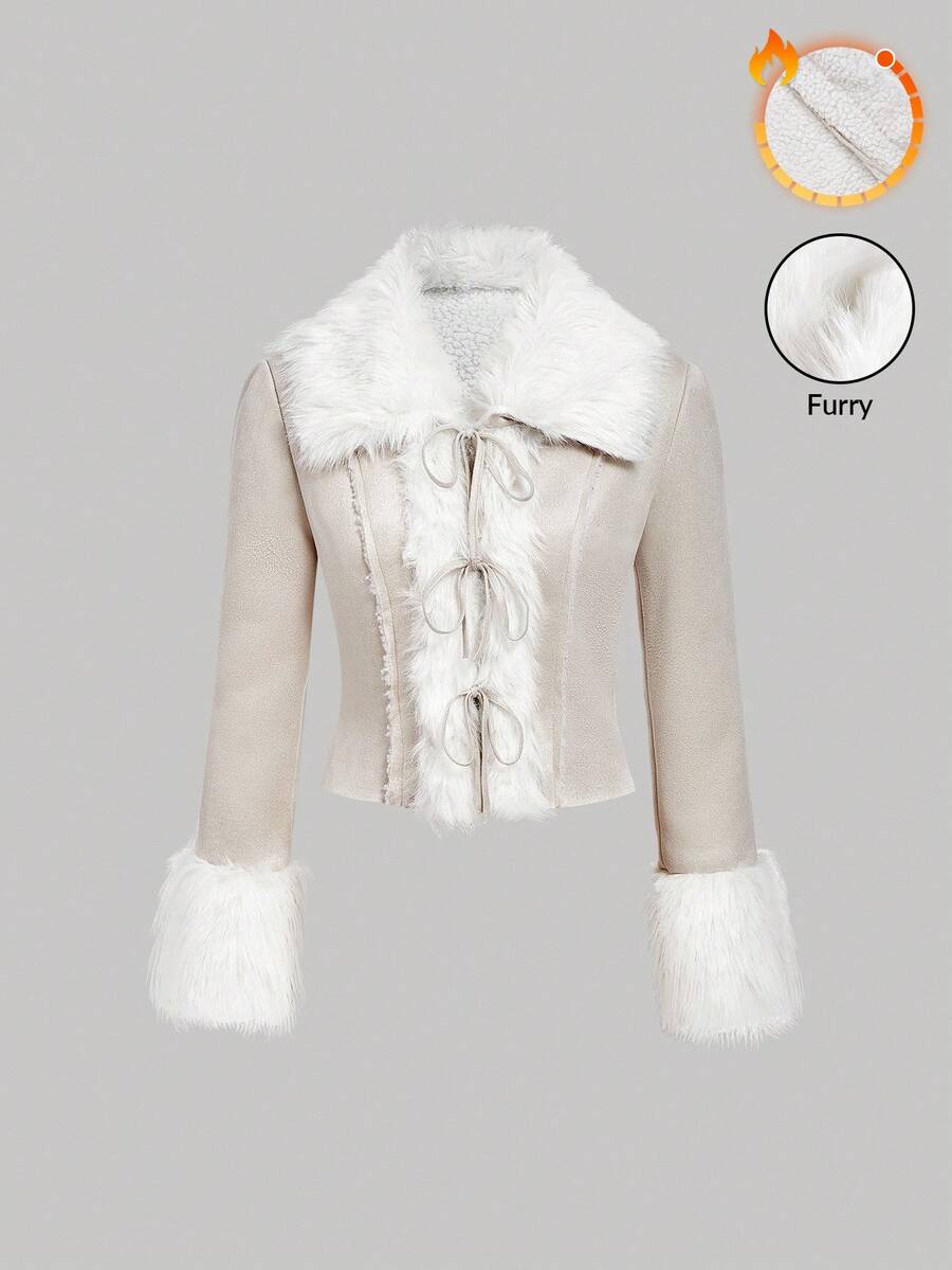 SHEIN MOD Áo khoác mùa thu đông màu be cổ điển sang trọng, phối lông thú, lót giữ nhiệt, có nơ, cổ ve áo, tay dài, thích hợp cho hẹn hò, tiệc tùng, sinh nhật, dạ hội. Áo khoác lông ngắn cho nữ, áo khoác nữ, áo khoác phù hợp cho váy, đi học, phong cách Y2K, Grunge, Hippie, ấm áp cho mùa thu và mùa đông. - Màu be - Xem 1