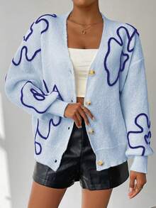 SHEIN Unity Cardigan Rajut Kasual Lengan Panjang dengan Bahu Longgar dan Kancing Depan untuk Wanita - Baby Blue - View 3