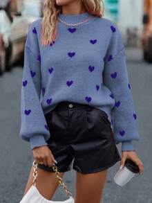 SHEIN LUNE Heart Pattern Crew Neck Casual Long Sleeve Sweater, Autumn/Winter - Blue - View 4