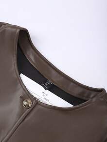 Franclia 大码秋冬长袖大口袋纯色休闲棕色PU皮夹克