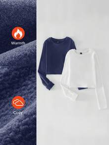 SHEIN BASICS 2 chiếc áo thun ngắn tay dài cổ tròn dệt kim trơn dành cho nữ, vải ấm nâng cấp, lót nhiệt mà không cồng kềnh, áo thun co giãn cơ bản đa năng cho mùa thu đông dành cho nữ - Màu xanh lam - Xem 9