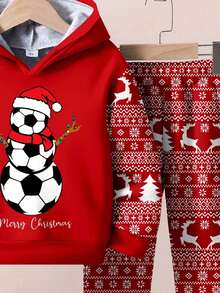 SHEIN 2 peças/Conjunto Moletom Casual Confortável de Manga Longa com Capuz para Meninos Jovens, Adequado para Outono/Inverno, Estampas Clássicas de Natal Incluindo Papai Noel, Árvore de Natal, Boneco de Neve, Presentes, Rena, Flocos de Neve - Multicolorido - Visão 4