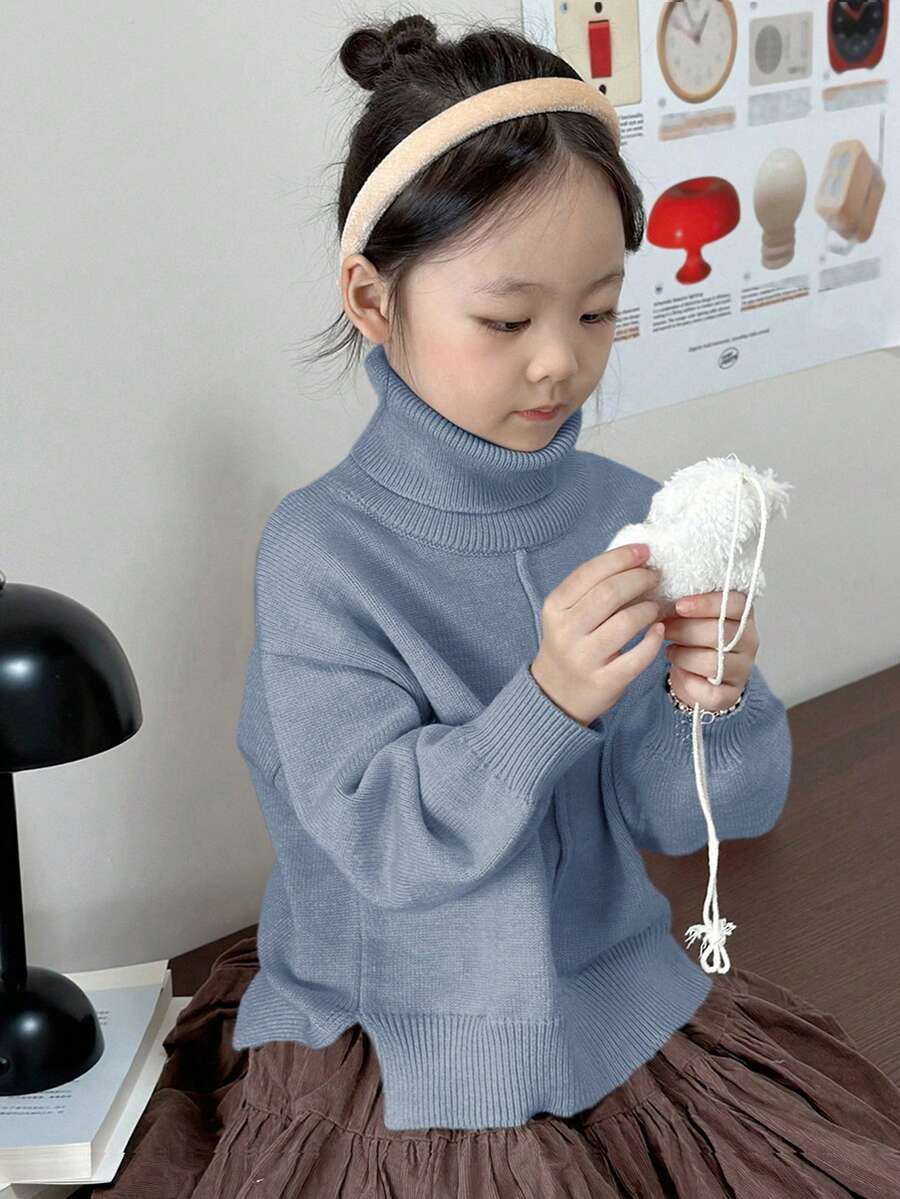 Dazy Kids Young Girls Solid Color Turtleneck Sweater, Fall - Blue - View 1