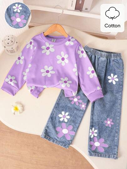 Sparklyn Söt blommig sweatshirtset för unga flickor för vår, höst och vinter, skolstart. Stickad sweatshirt med gult blommönster, ribbade muddar, krage och fåll, långärmad, i kombination med gula och vita blommor, blå jeansbyxor, 2-delat set lämpligt för flickor, sött och elegant för vardagsbruk, skola, utflykt, fest