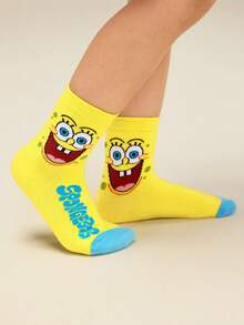 SpongeBob SquarePants | SHEIN 2双装纯棉柔软透气吸湿儿童中筒袜，黄粉色可爱卡通图案，加固趾部和后跟，经久耐穿，男女通用，四季皆宜，适合学校和户外活动，夏季和冬季均可穿着。帕特里克 - 彩色 - 查看 4