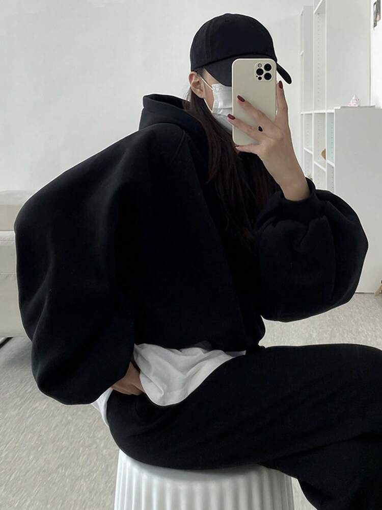 Women Solid Color Oversized Short Hooded Sweatshirt,Fall Clothes Hoodies