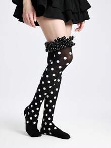 ROMWE Kawaii 1双女士黑白波点荷叶边过膝袜 - 彩色 - 查看 4