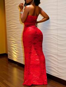 Slaydiva 春夏新款蕾丝连衣裙，细肩带，交叉露背设计，鱼尾下摆，优雅性感，适合派对、约会、宴会、休闲装、度假、游轮、海滩、日光浴 - 紅色 - 查看 2