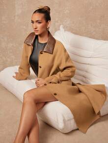 Lumalex VITNOS 新款时尚羊毛大衣，优雅百搭，撞色纹理，可调节皮革领，双面羊毛大衣，休闲优雅，时尚秋季，周末度假，晚宴，职场穿搭，时尚百搭，御寒外套，新年礼物，生日礼物，奢华外套，适合约会、外出、夜生活、婚礼、假日、度假、生日等场合。 - 卡其色 - 查看 9