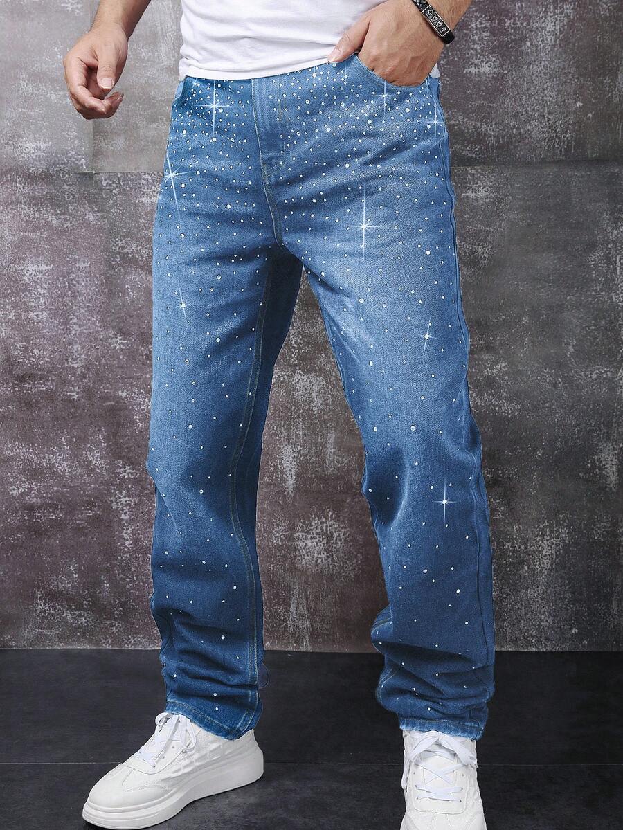 Manfinity Homme Men's Fashionable Blue Straight Leg Pants With Pockets And Rhinestone Design - Light Wash - View 1