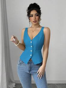 Elenzga 女士休闲通勤简约纯色单排扣修身上衣 - 藍色 - 查看 5