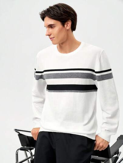 RONVEXI Men's Casual Colorblock Striped Sweater, Autumn/Winter, Long Sleeve Top