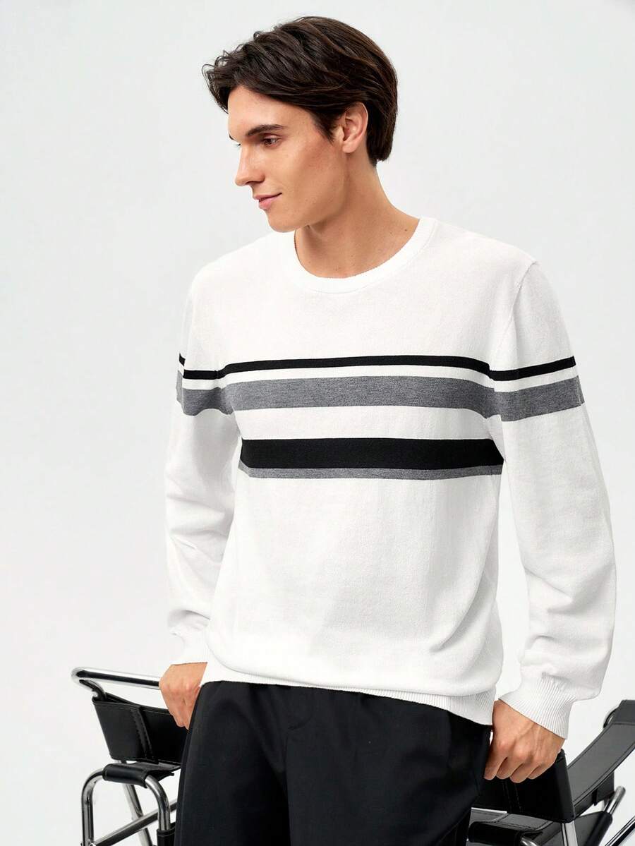 RONVEXI Men's Casual Colorblock Striped Sweater, Autumn/Winter, Long Sleeve Top - White - View 1