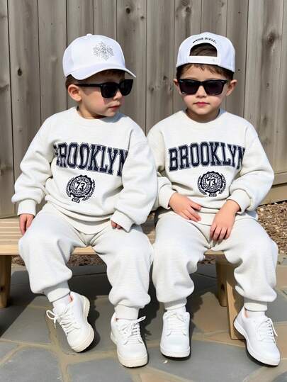 2pcs/Set Kids Casual Comfortable Fashion Simple Practical Versatile Loose Fit Printed Thick Crew Neck Sweatshirt And Pants Set, Suitable For School, Everyday, Outings, Sports, Spring/Autumn/Winter