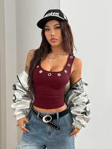 StreetHx 街头风女款朋克金属风黑色无袖铆钉装饰休闲背心 - 紅色 - 查看 4