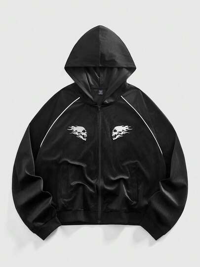 Friday the 13th X ROMWE Sudadera con capucha con cremallera y estampado de calavera para hombre, otoño