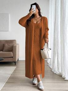 Calvaya 秋冬季女士粗针织长款开衫毛衣套装，尺码齐全，休闲时尚，无袖毛衣连衣裙搭配长袖外套，适合外出、度假、派对等场合。 - 駝色 - 查看 3