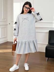 Tween Girl Loose Casual Comfortable Round Neck Long Sleeve Ruffle Contrast Bow Decor Dress, Winter - Royal Blue - View 3