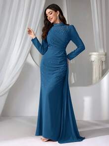 Coutiva 女士立领仿珍珠装饰长款晚礼服 - 霧霾藍 - 查看 1
