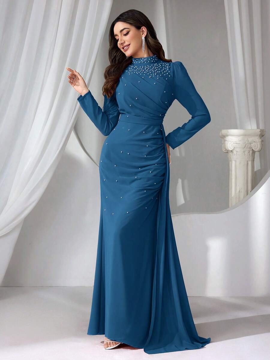 Coutiva 女士立领仿珍珠装饰长款晚礼服 - 霧霾藍 - 查看 1