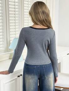 Sparklyn 少女休闲百搭条纹圆领开衫长袖T恤，秋冬季 - 黑色 - 查看 2