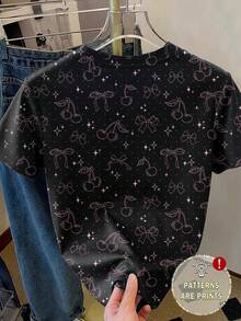 Resyla 女士休闲T恤，饰以樱桃、蝴蝶结和星星图案，街头时尚风格，适合春夏穿着。 - 彩色 - 查看 2