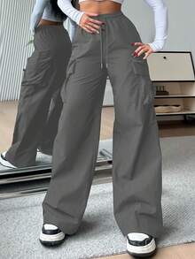 SHEIN EZwear 女士休闲纯色高腰阔腿裤 - 灰色 - 查看 6